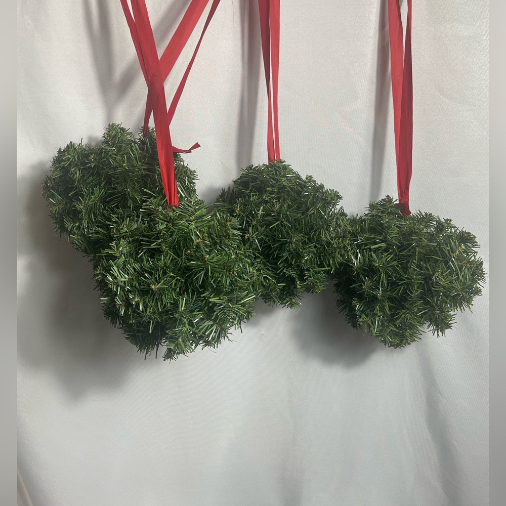 Set of 4 Mini Round Artificial Christmas Wreaths on Red Velvet Hanging Ribbons